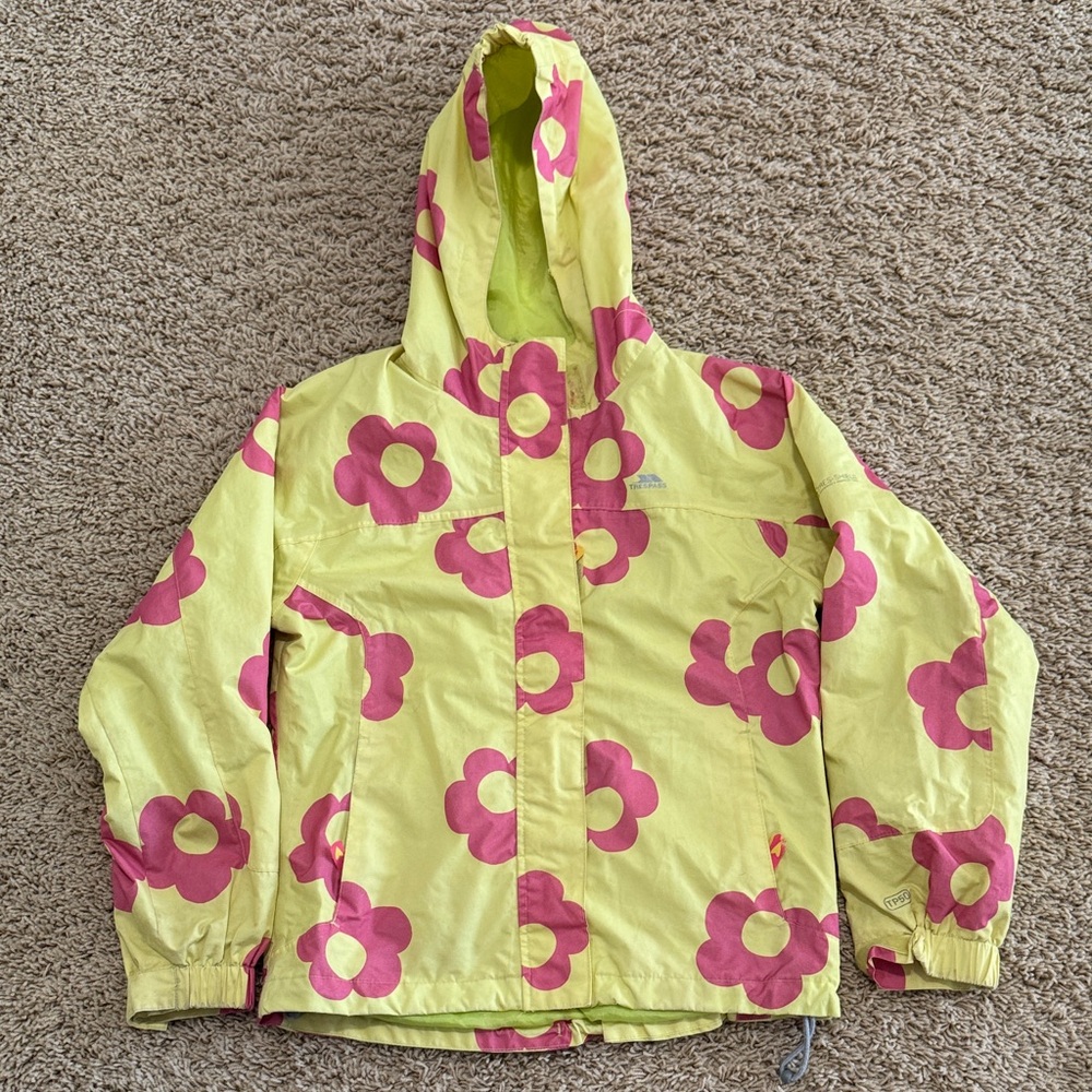 Trespass Kids Youth Yellow Pink Floral Flowers Hooded Rain Jacket, Girls sz 9/10